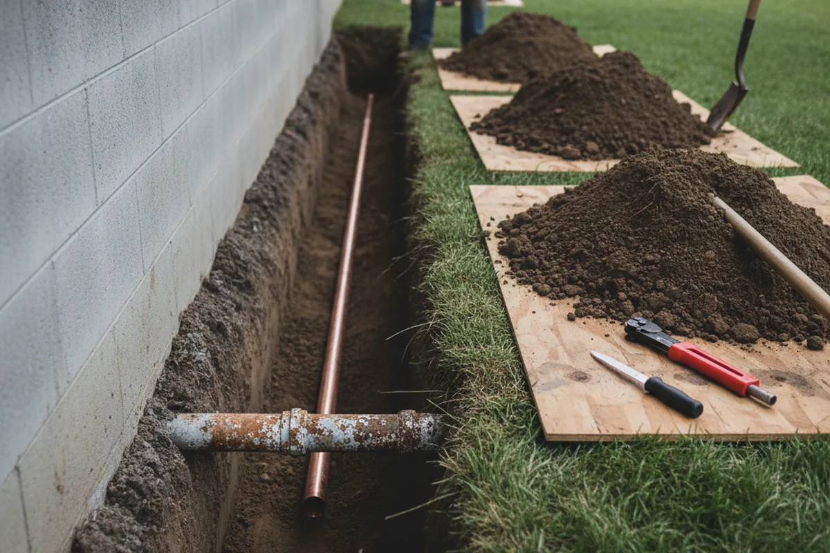 Excavated water line trench during Water Heater Repair in Parker Ford